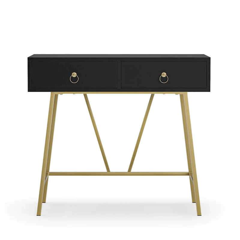 Anmytek Modern Home Office Desk 35.4 Makeup Vanity Table White 2 Drawers Writing Computer Desk with Golden Legs