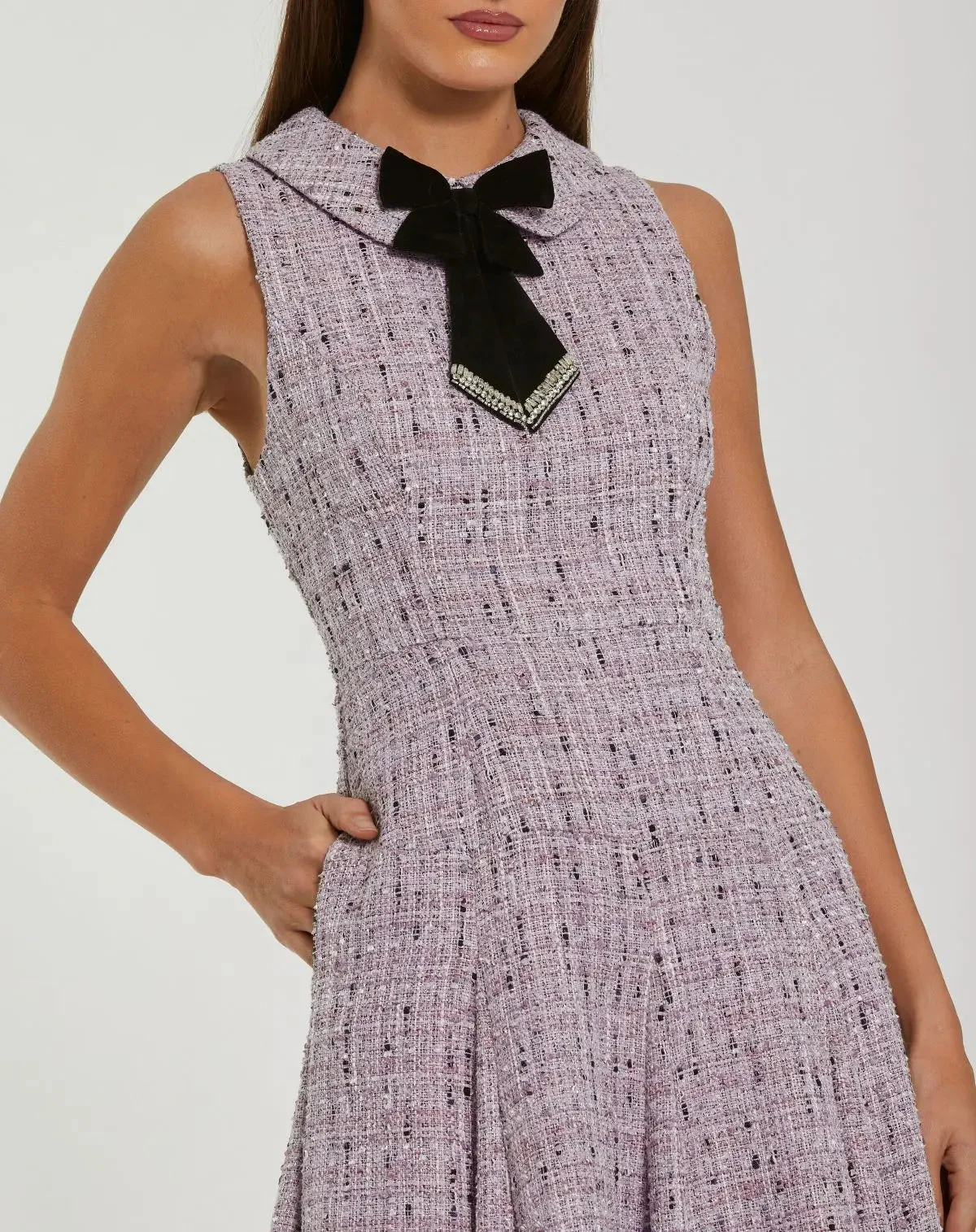 Purple Sleeveless Boucle A-Line Midi Dress With Bow