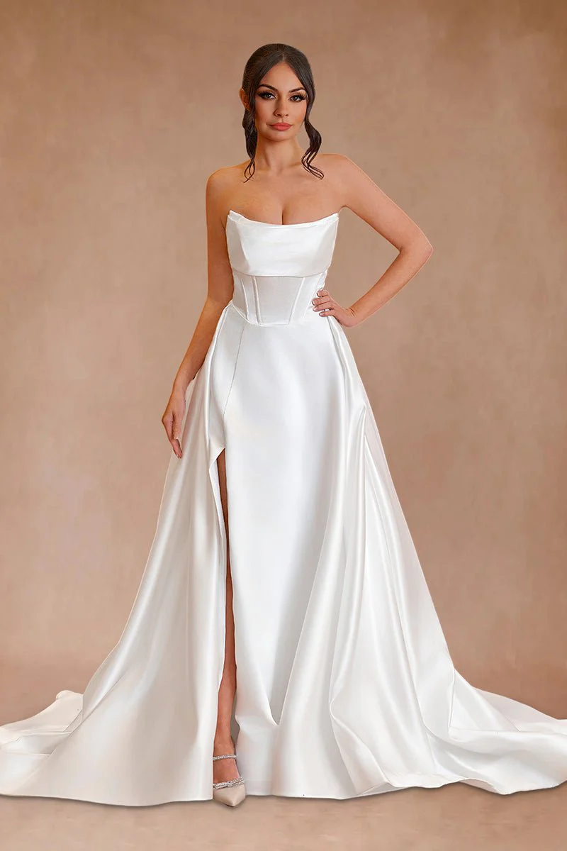 White Strapless Satin A-Line Wedding Dresses