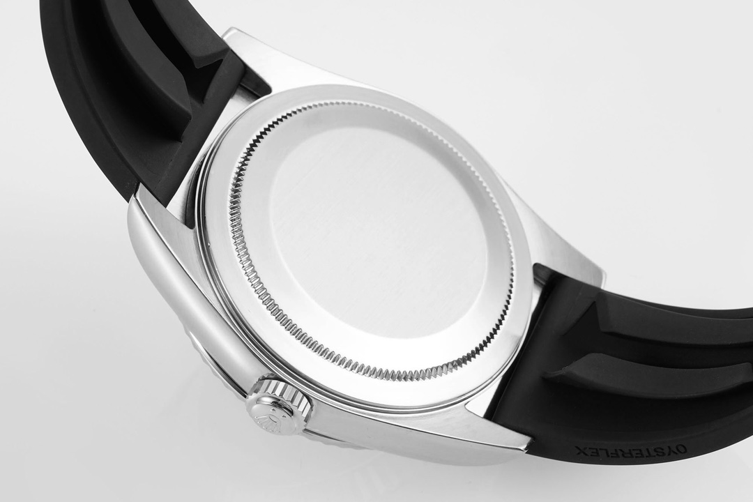 Detailed caseback and strap view of replica Rolex Sky-Dweller highlighting screw-down crown and Oysterflex branding