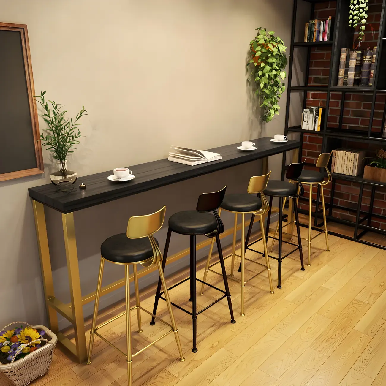 Black Gold Glam Metal Pine Wood Bar Tables with Footrest