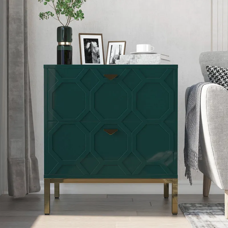 Wooden 2-Drawer Storage Nightstand with Gold Metal Legs