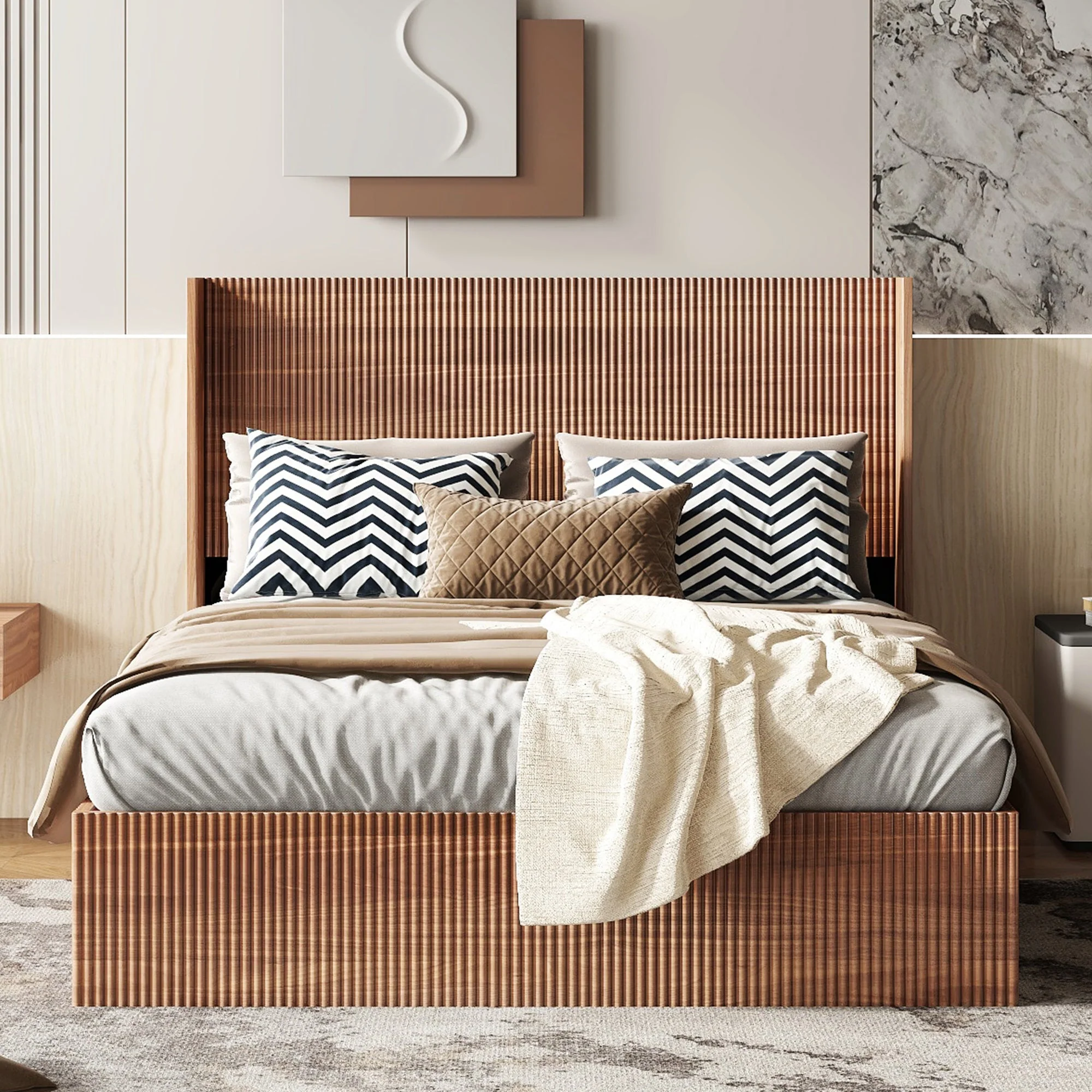 Walker Edison | Queen Modern Grooved Undulating Lift Storage Bedframe