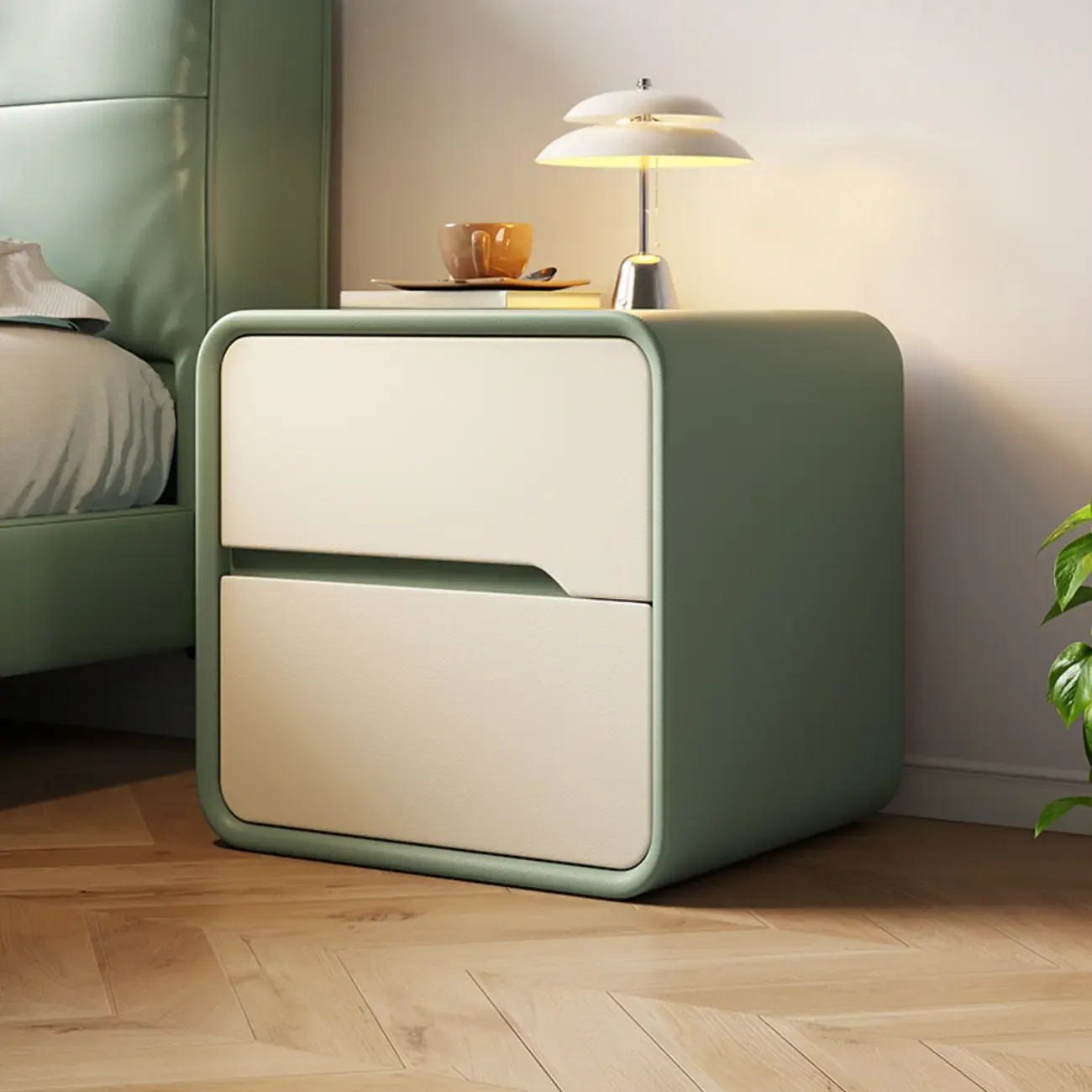 Modern Bedside Table with Storage Drawers - Avocado Green