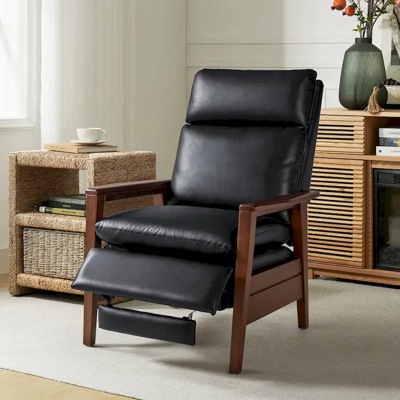 Mid-century Vegan Leather Solid Wood Recliner