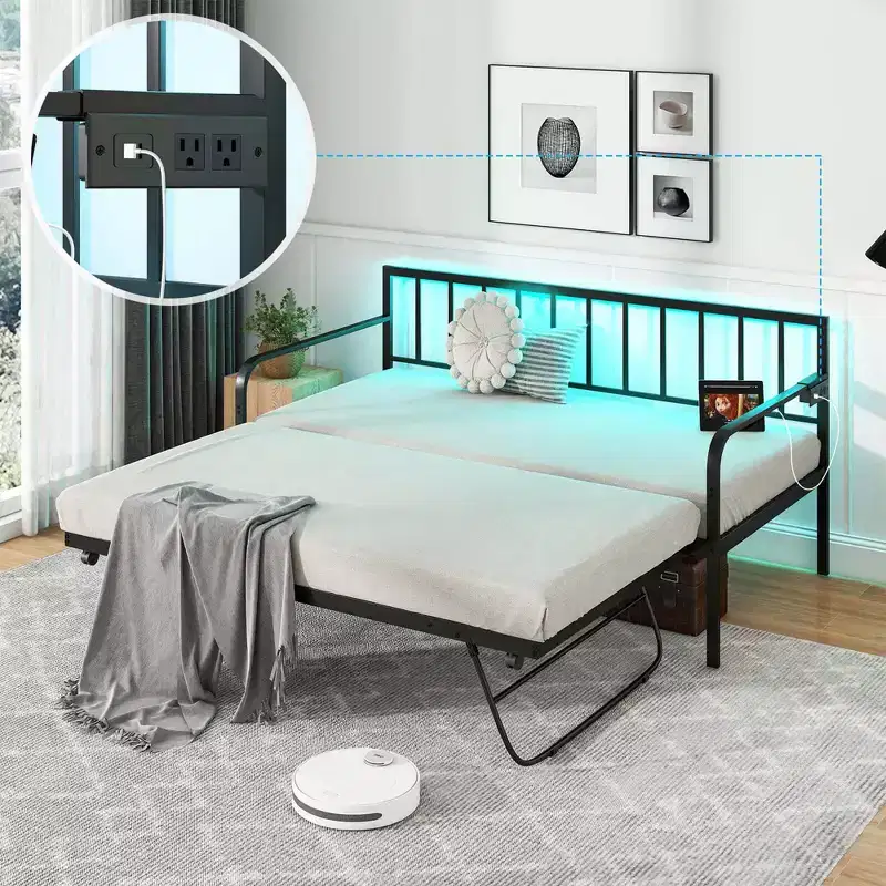 Costway Twin Daybed Adjustable Sofa Bed Frame with Charging Station & LED Lights