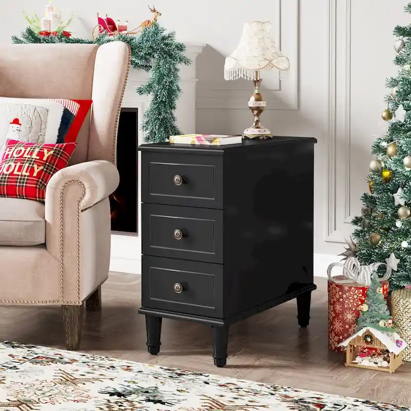 Solid Wood End Table with 3 Drawers, Fully Assembled Narrow Side Table