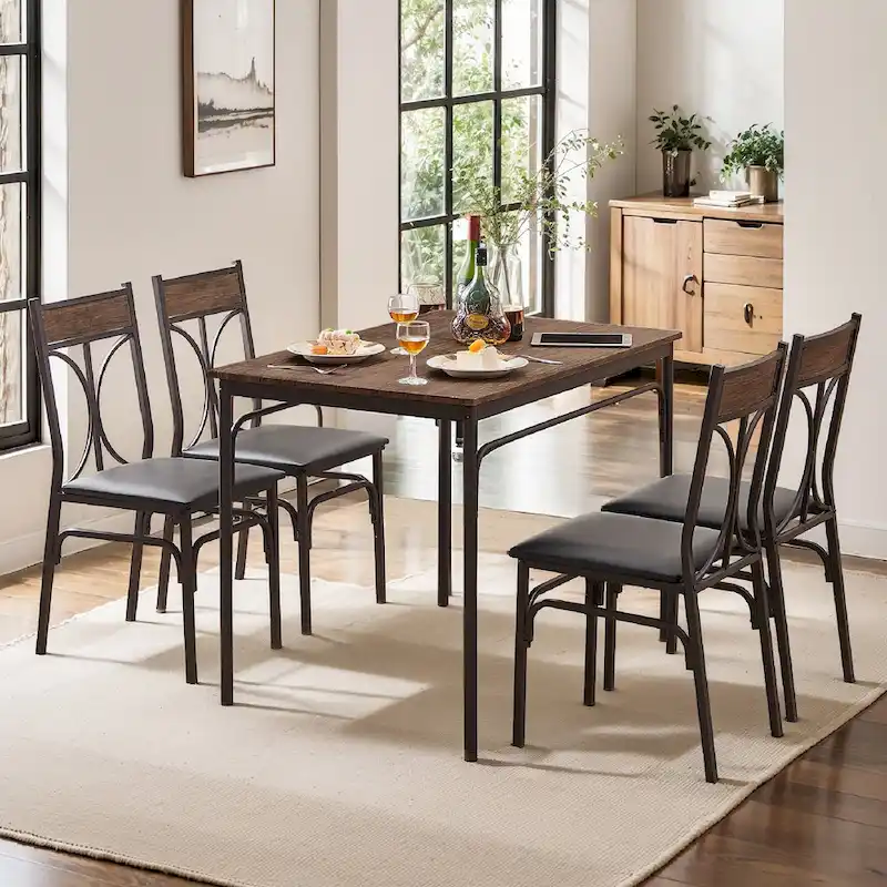 5-Piece Dining Table Set with 4 Upholstered Chairs, Brown