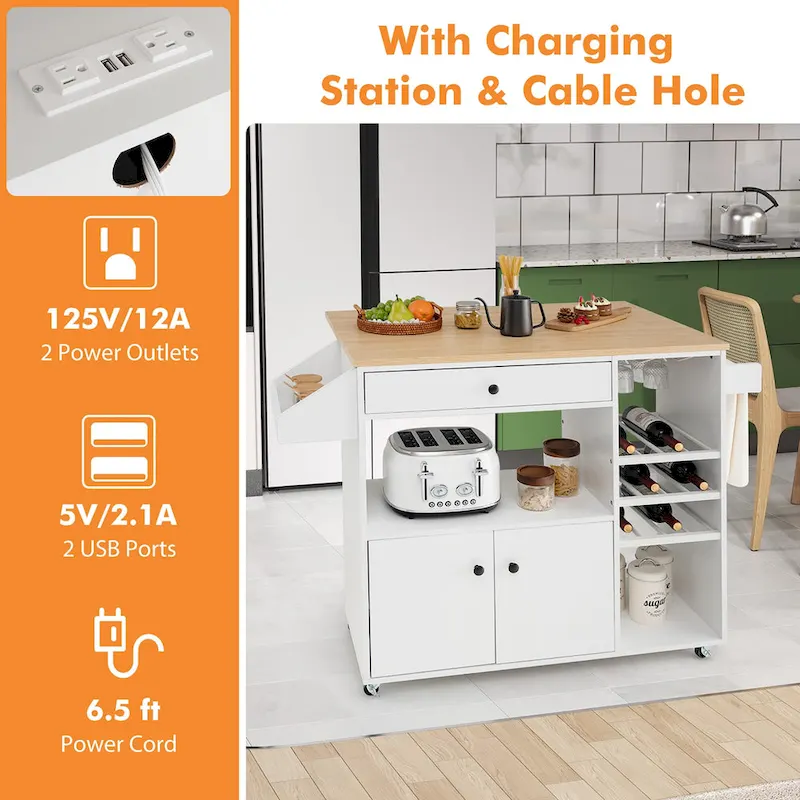 Gymax Kitchen Island Cart w/ Drop-Leaf & Power Outlet Microwave Shelf