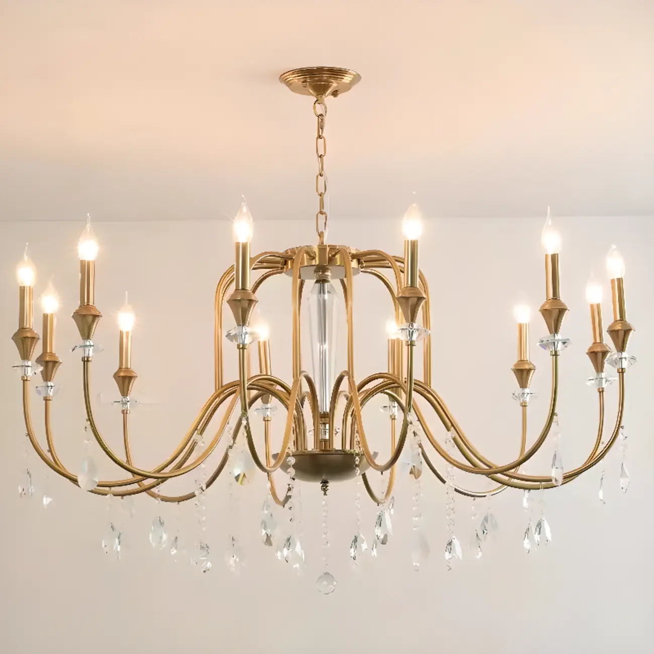 Mid-Century Modern Metallic Alloy Candle Chandelier with Crystal