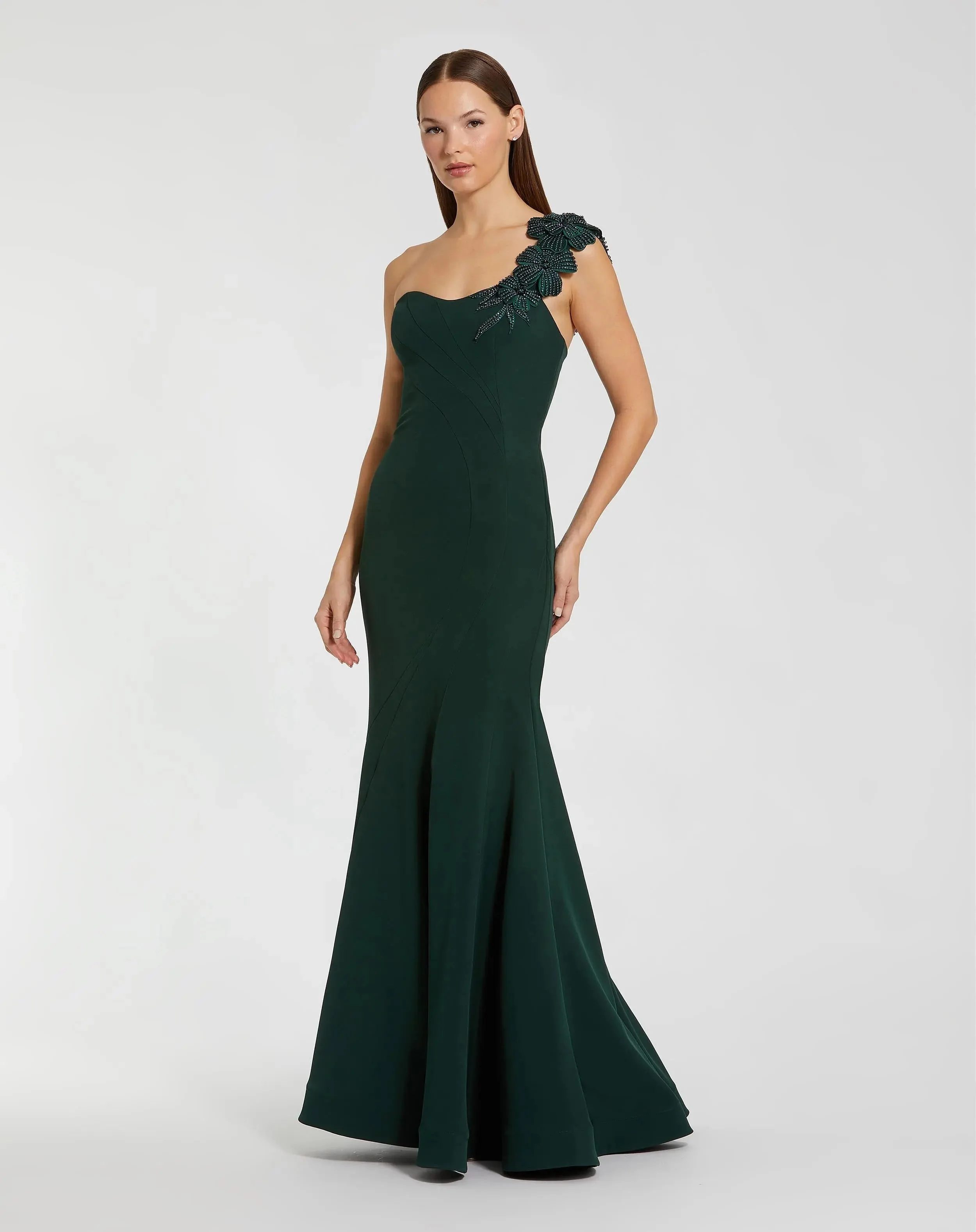 Dark Green Crepe One Shoulder Beaded Flower Mermaid Gown