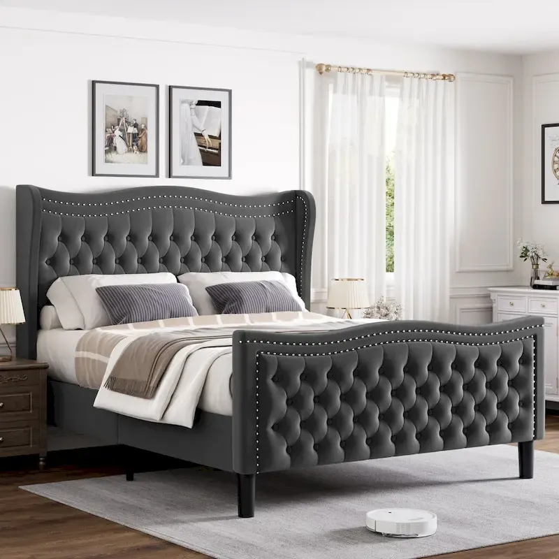 King Size Velvet Platform Bed with Upholstered Headboard