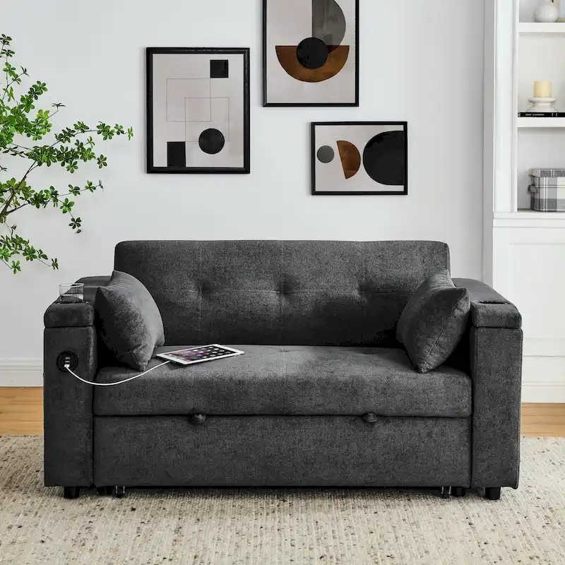 2-Seat Sleeper Sofa Bed with USB Power Outlet, Side Pockets and Lumbar Pillow