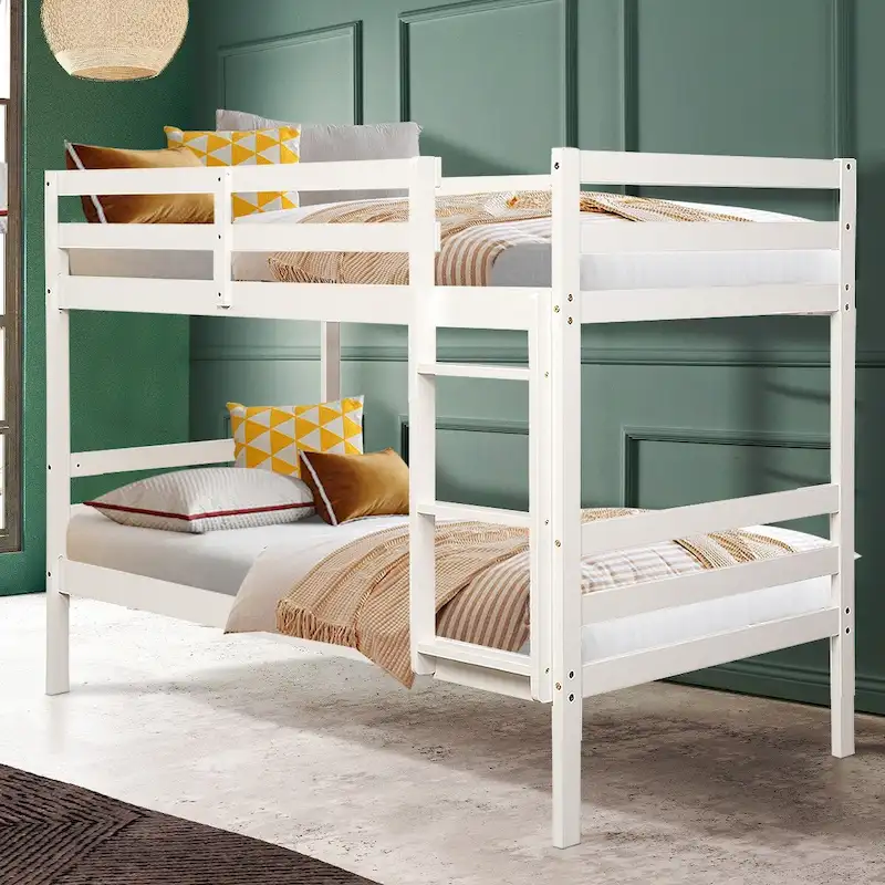 Twin Over Twin Bunk Bed, White/Coffee/Grey, Pine Wood, Sleeps 2