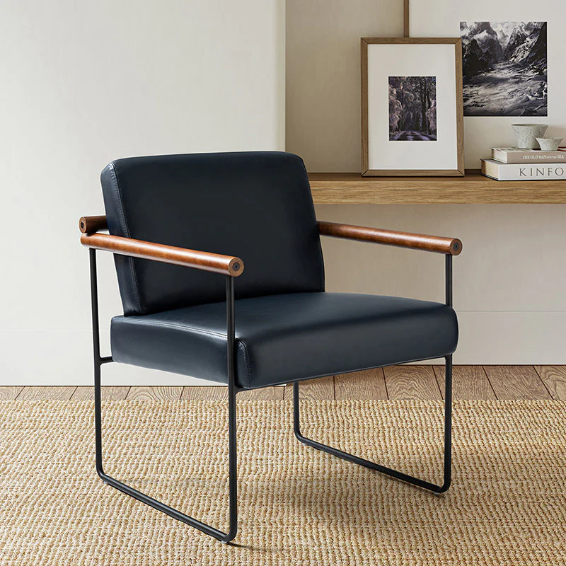 PU & Boucle Armchair with Round Solid Wood Arms, Metal Tube Frame & Black Metal Legs | Navy / Grey / Turquoise / Ivory | Single Seat