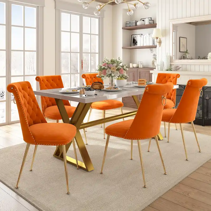 7-Piece Clihome Marble Dining Table with Velvet Chair Dining Chair