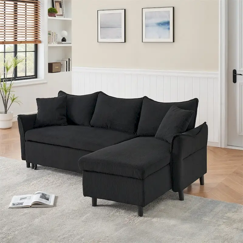Black/Orange/Yellow/Grey Corduroy L-Shaped Sofa with Storage & 2 Pillows, 2-3 Person