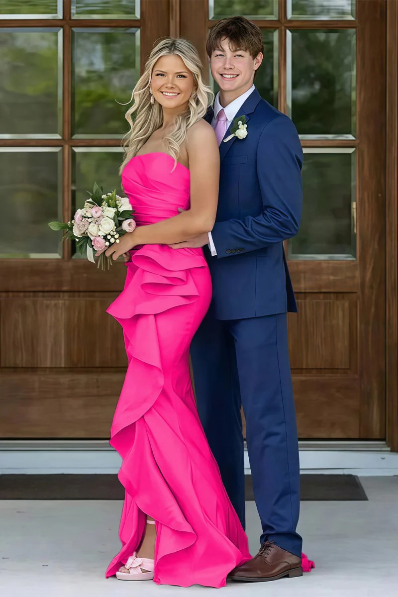 Pink Mermaid Strapless Satin Ruffled Long Prom Dresses with Slit