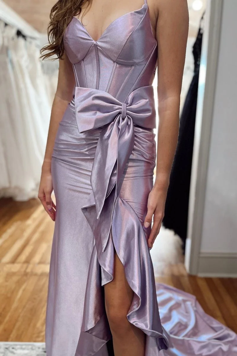 Straps V-Neck Satin Mermaid Prom Dress with Bow