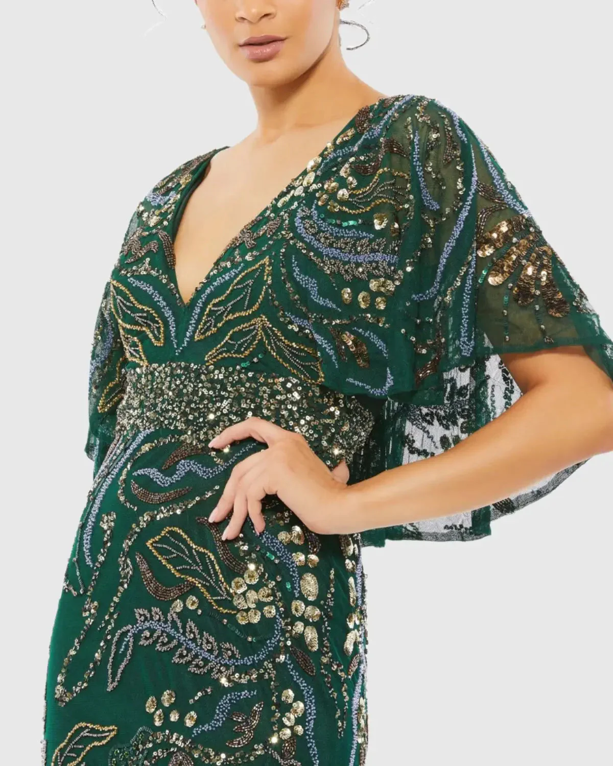 Green Embellished V Neck Cape Sleeve Column Gown