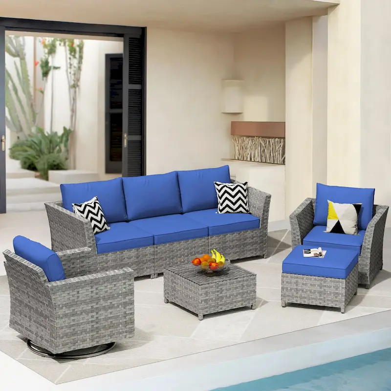 HOOOWOOO 7-piece PE Wicker Outdoor Furniture Sectional Set with Swivel Rocking Chair