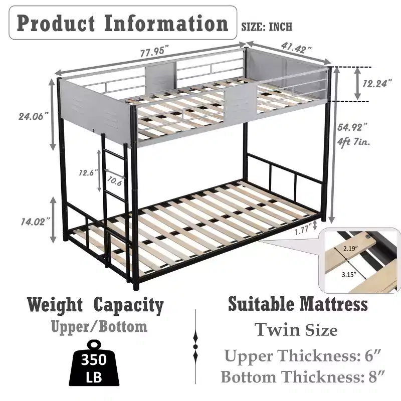Bellemave Metal Twin over Twin Bunk Bed With ventilation panels and safety railings, noise-free, suitable for teenagers,black