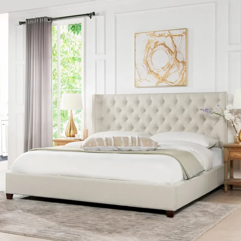 Light Beige Linen / Opal Grey Velvet / Antique White Polyester Wingback Tufted King Platform Bed, 2-Person