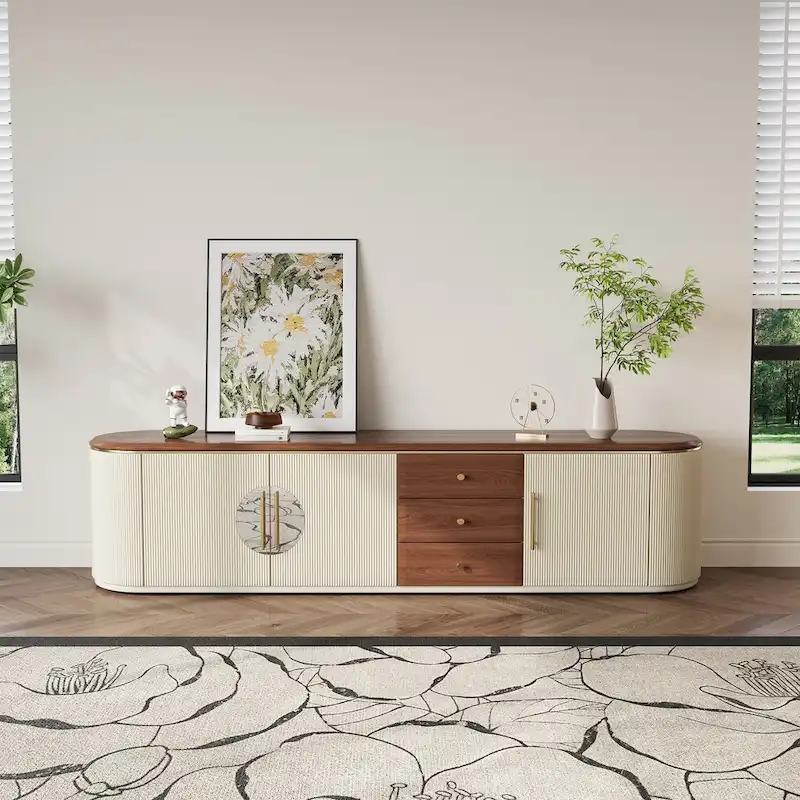 78.74  Mid-Century TV Stands, Brown Solid Wood Veneer, Media Console With 5 Cabinets,3 Drawers, Beige,Fully Assembled - 78.74