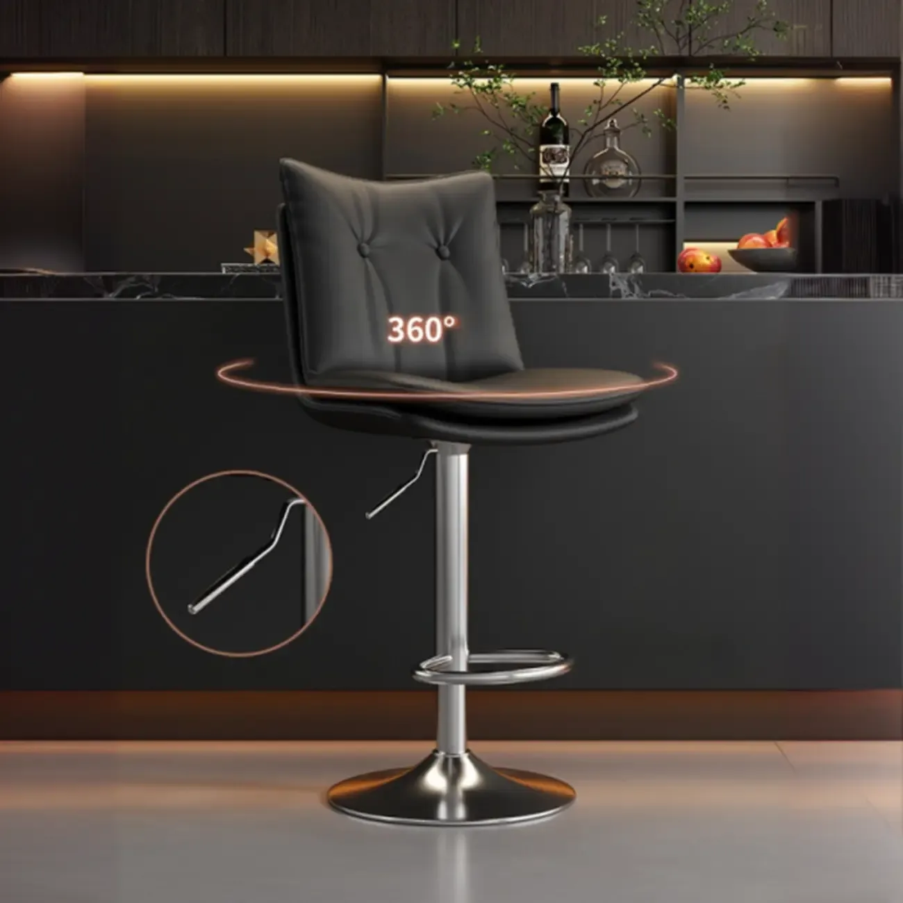 Adjustable Leather Low Back Swivel Bar Stools with Footrest