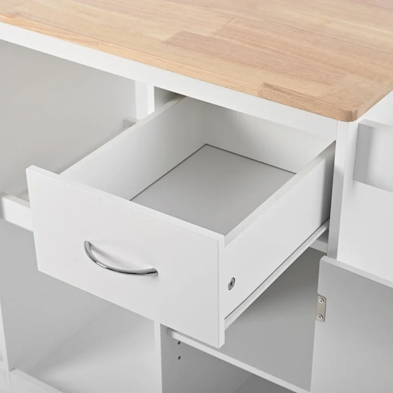 Rubber Wood Kitchen Cart with Adjustable Shelves and Wine Rack
