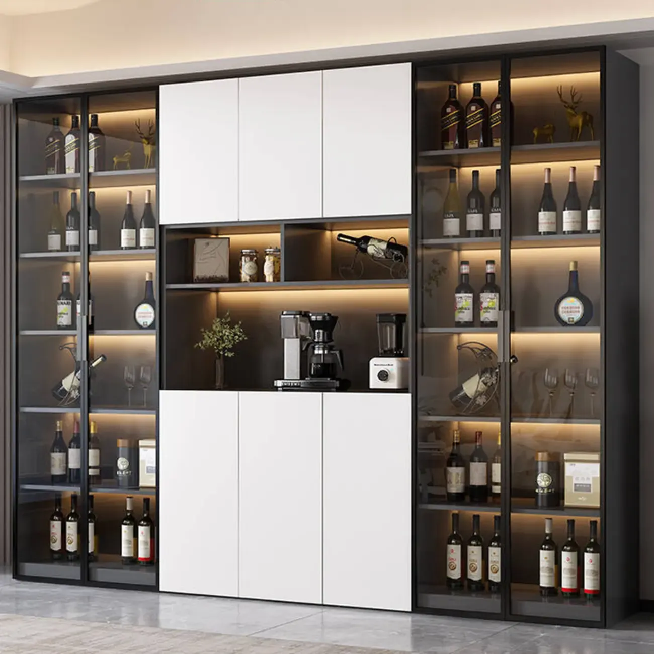 Glass Door Wooden Floor Multiple Levels Wine Cabinet with Lighting