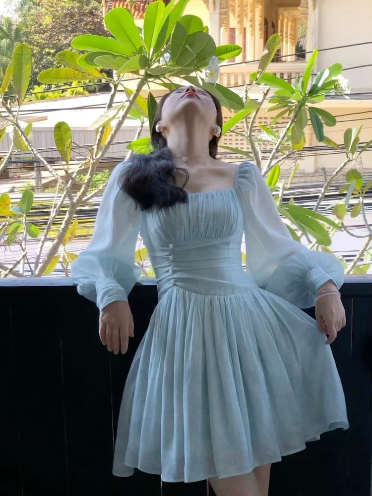 flowersverse  Spring French Elegant Short Party Dress Pure Color Fairy Mini Dress Casual Long Sleeve Korean Fashion Dress Woman Design