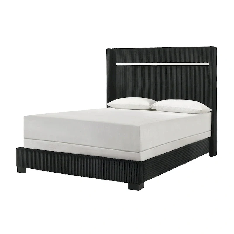 Pedro 3 Piece Black Velvel Upholstered Panel Bedroom Set