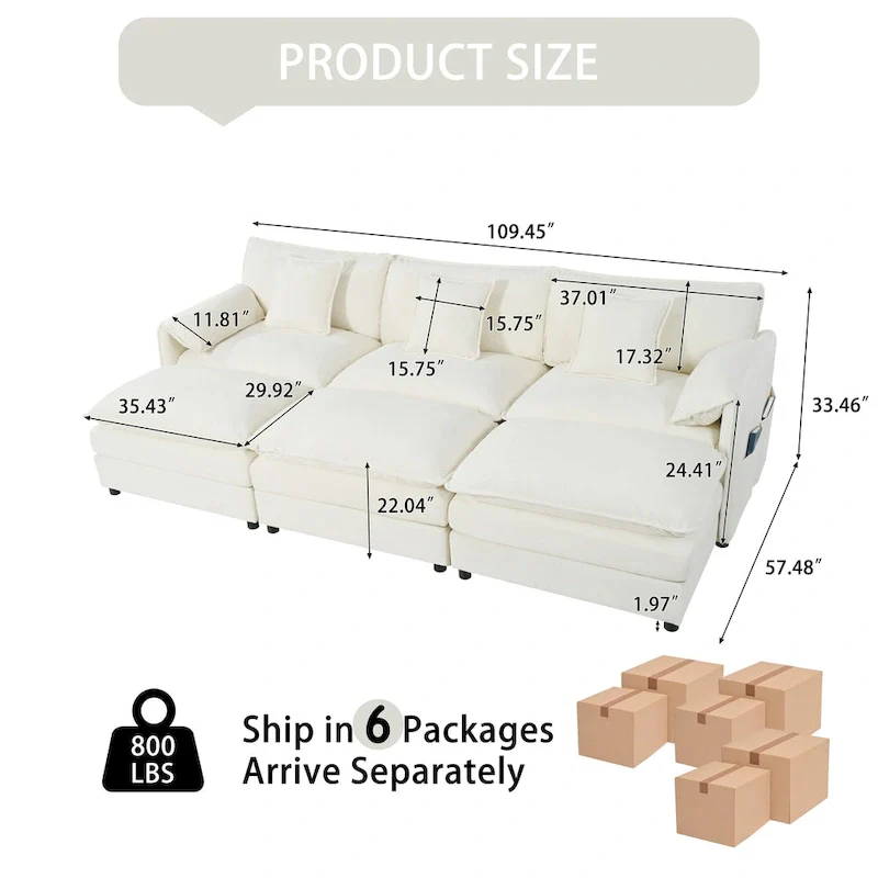 109.45 Chenille Upholstered 3-Seater Sleeper Modular Sectional Sofa with Double-Layer Cushions, DIY Combination