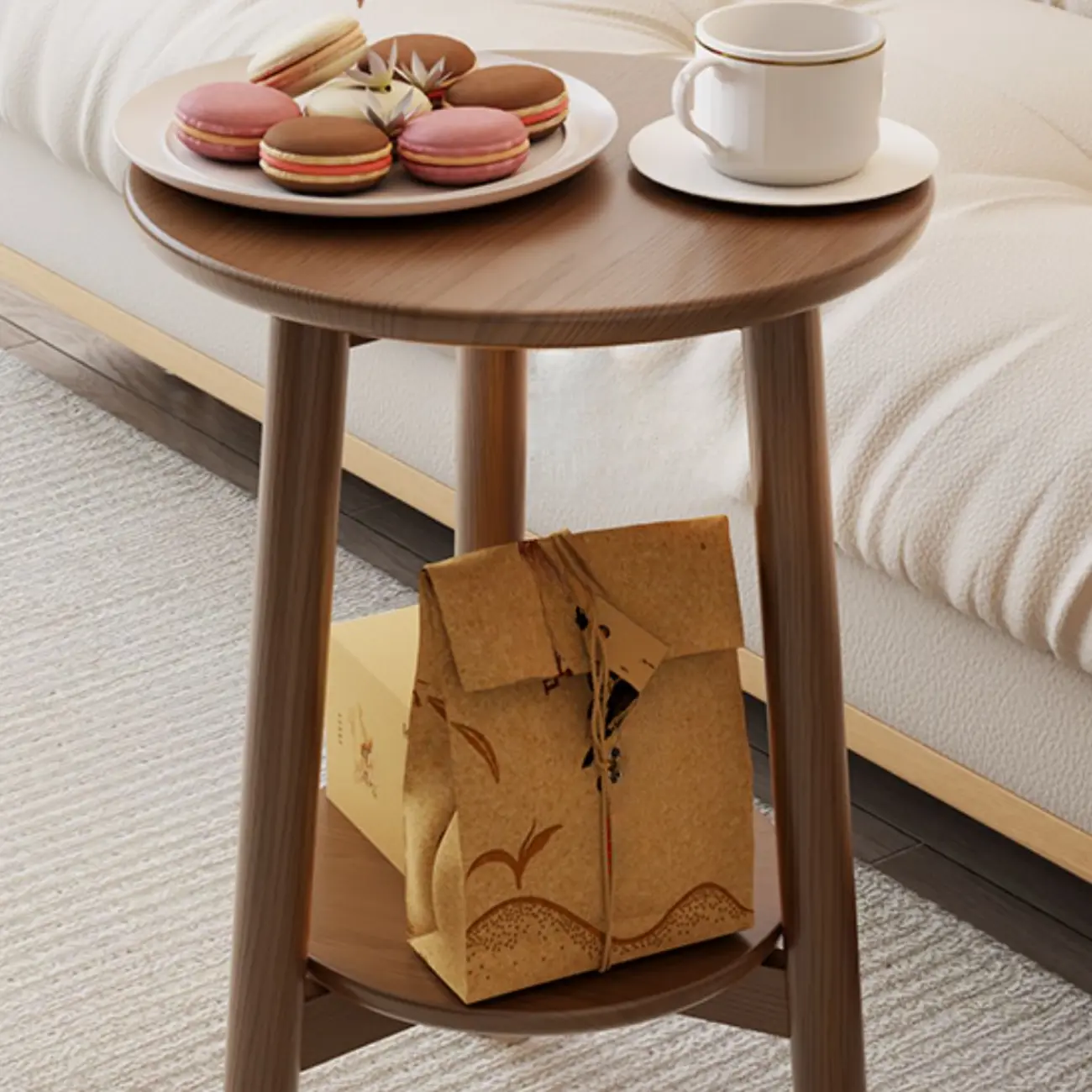 Compact Round Wooden 2-Tier Tripod Base Side Table