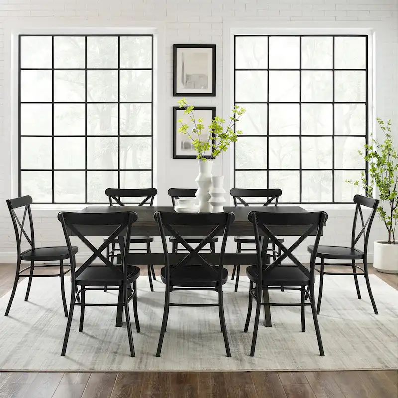 9-Piece Modern Farmhouse Extendable Dining Set with X-Back Steel Chairs