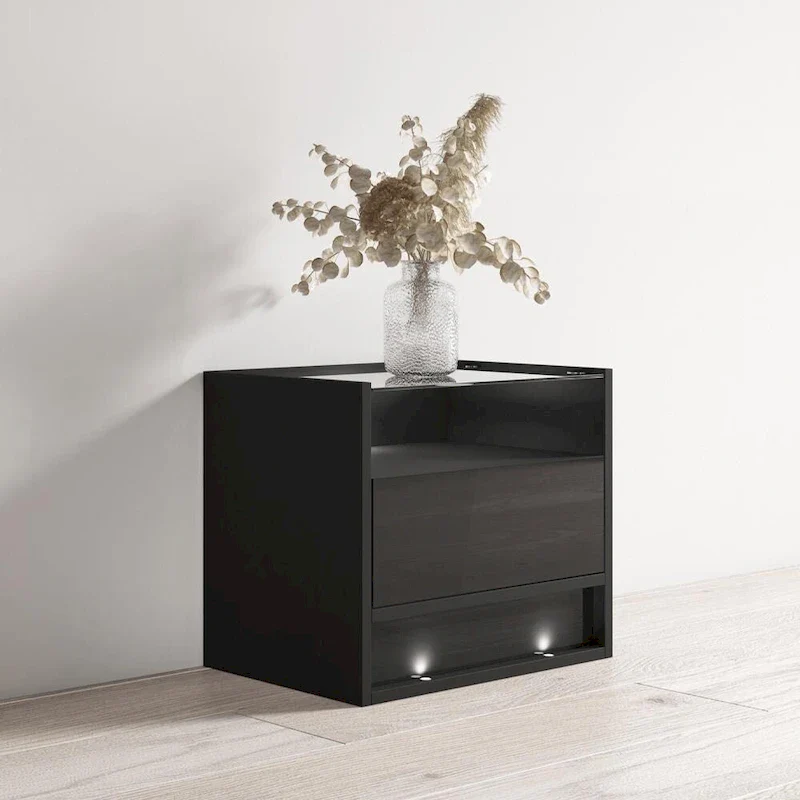 High Gloss Nightstand with LED Lights, Black / White, 1-Person, Bedside End Table