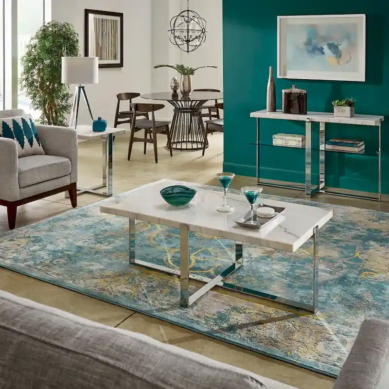 Azel Marble-top Chrome Framed Coffee Table or Table Set by