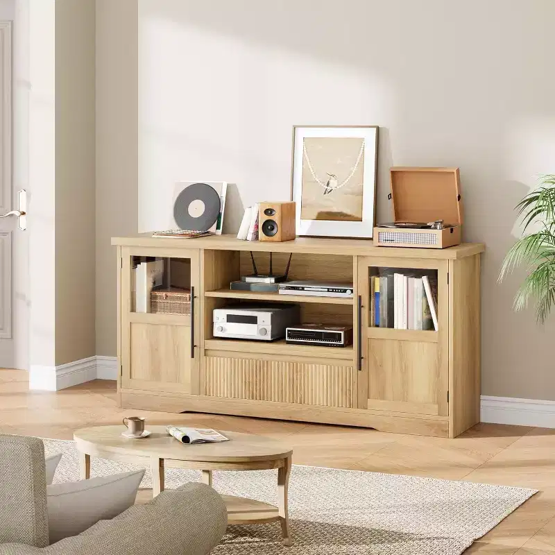 63 in Farmhouse TV Stand for TVs Up to 72 in, Wave Pattern Entertainment Center with 2 Glass Door Cabinets & 2 Open Shelves, for Living Room