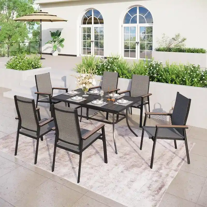 MAISONARTS 7 PCS Patio Dining Set, 6 x Aluminium Textilene Dining Chairs and 1 Metal Table with 2.6 Umbrella Hole