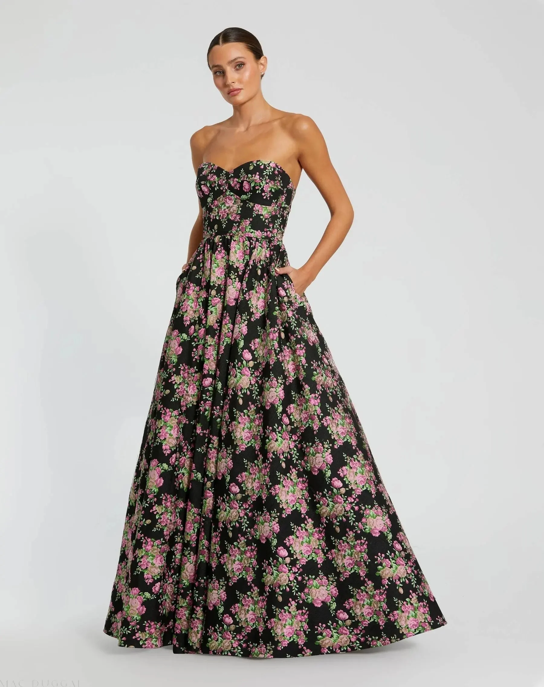 Black Strapless Sweetheart Brocade Floral Ballgown
