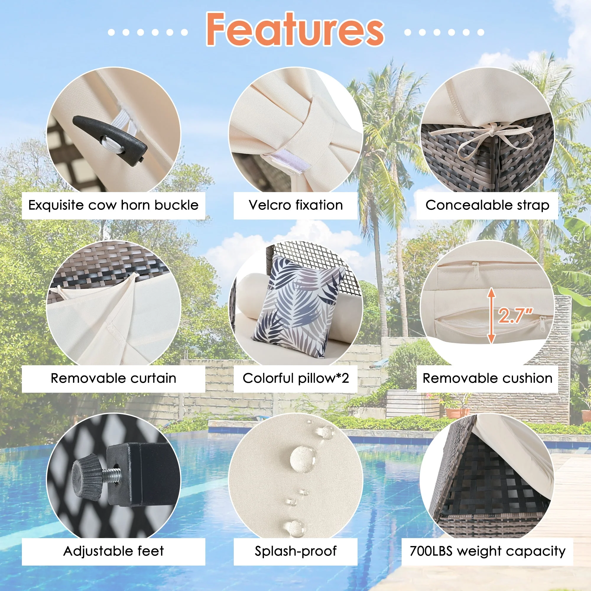 Walker Edison | Tent Shape Outdoor Patio Wicker Sunbed With Colorful Pillows