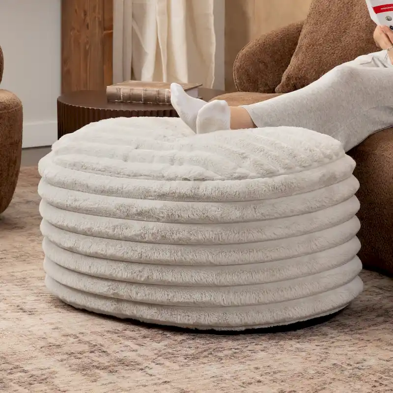 Large Faux Fur Ribbed Plush Pouf Ottoman - 35 - Gray
