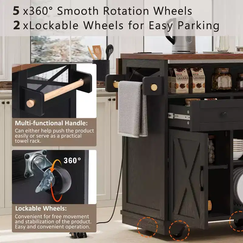 46.5 Farmhouse Kitchen Island with Power Outlet & Beaded Drape - Rolling Cart with Drop Leaf, 3 Drawers & Locking Wheels