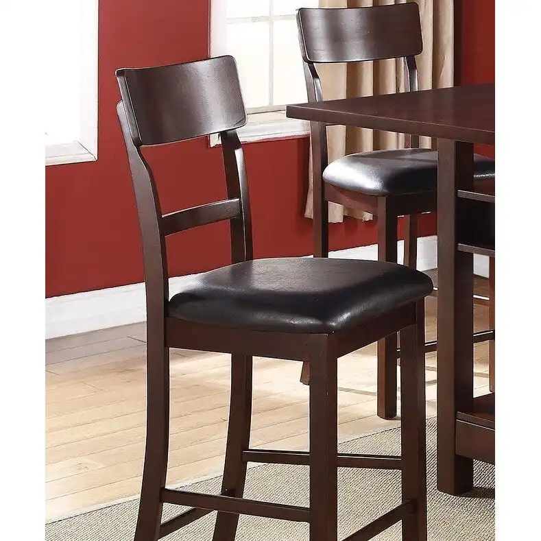 Set of 2 Chairs Dining Room Furniture Brown Solid wood Counter Height Chairs Upholstered Cushioned Unique back