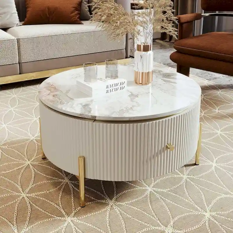 Modern Round Coffee Table with 2 Large Drawers Storage Accent Table with Marble-patterned Tabletop