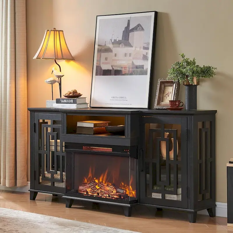 Black / Brown / White Farmhouse 3-Sided Glass Electric Fireplace TV Stand, Fits Up to 75