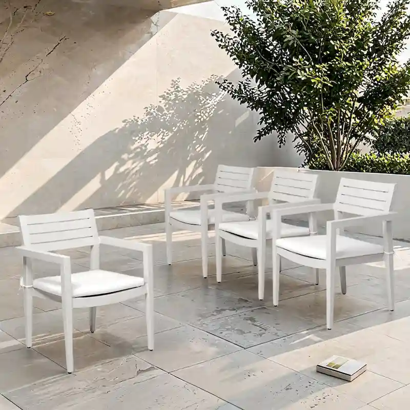 Outdoor Patio Aluminum Stationary Dining Chairs Set of 4, Weather-Resistant Sunbrella Cushions, Tapered Feet