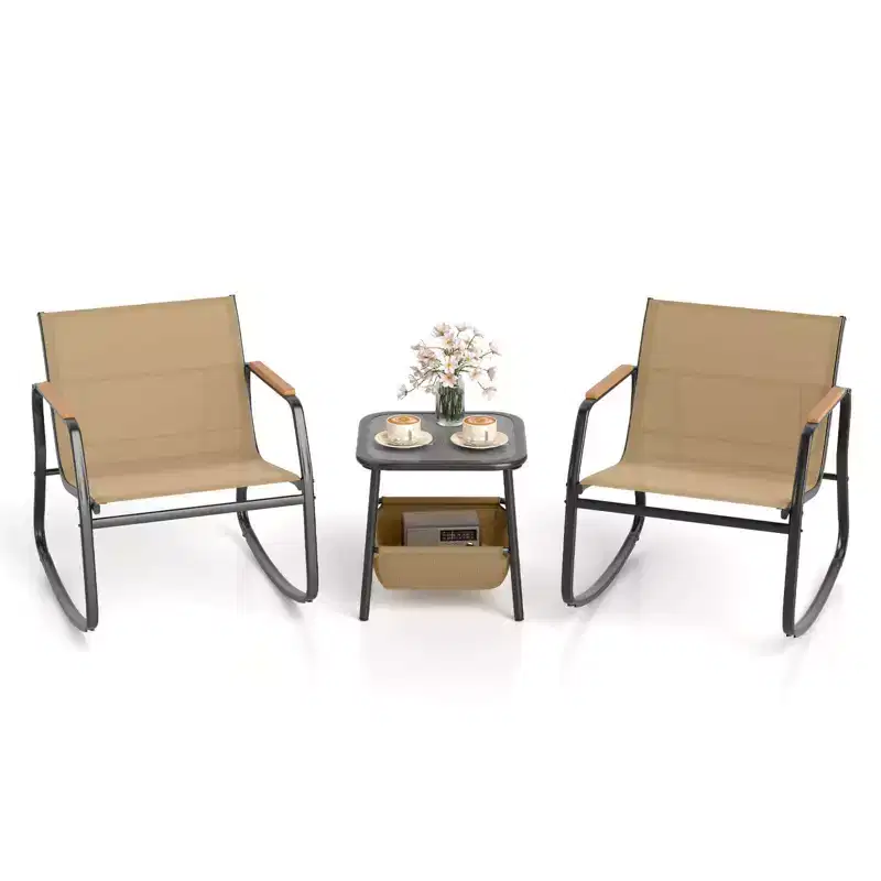 Costway 3 Piece Rocking Bistro Set with Storage Bag PS Armrests & Tabletop Metal Frame Brown/Black