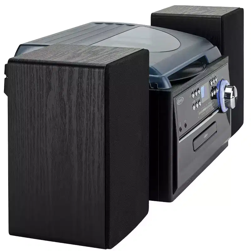 Jensen 3-Speed Stereo Turntable with Pitch Control/CD/Cassette and AM/FM Stereo Radio - Black: Vinyl Record Player, Programmable Memory